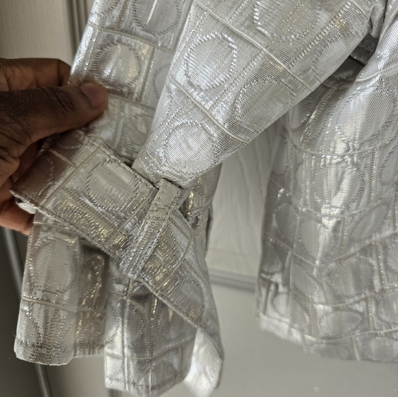 Cache Silver Jacket Women Sz M Shimmery Huge 3buttons Belted Sleveless Y2k Crop - Picture 7 of 16